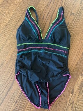 Popvil Women's One Piece Swimsuit Size Xl Black & Neon Accent